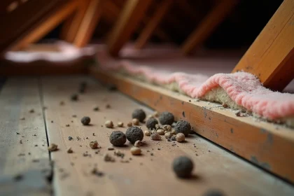 Crottes de loir sur une poutre en bois dans un grenier avec isolation en laine de verre endommagée