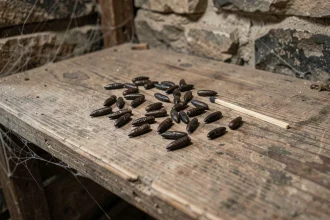 Gros plan de crottes de souris sur une étagère en bois dans une cave, avec une allumette pour comparaison de taille