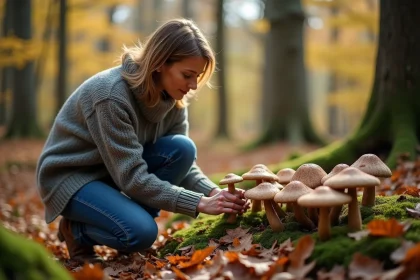 Femme cueillant des trompettes de la mort en forêt