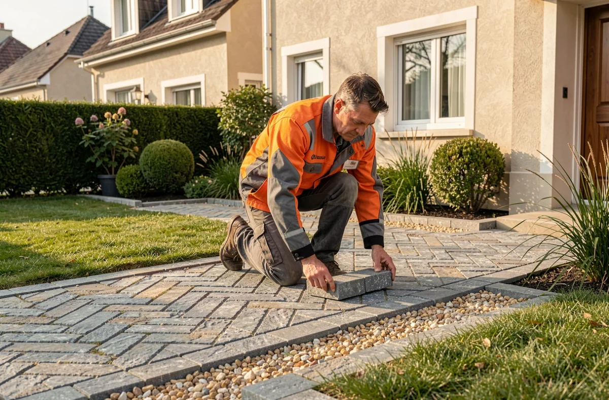Artisan Daniel Moquet posant des pavés décoratifs dans une allée de jardin pavillonnaire en banlieue parisienne