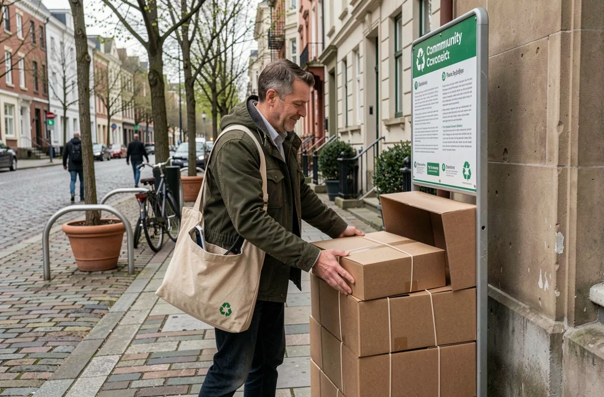 Homme déposant des cartons dans un point de collecte de recyclage en milieu urbain