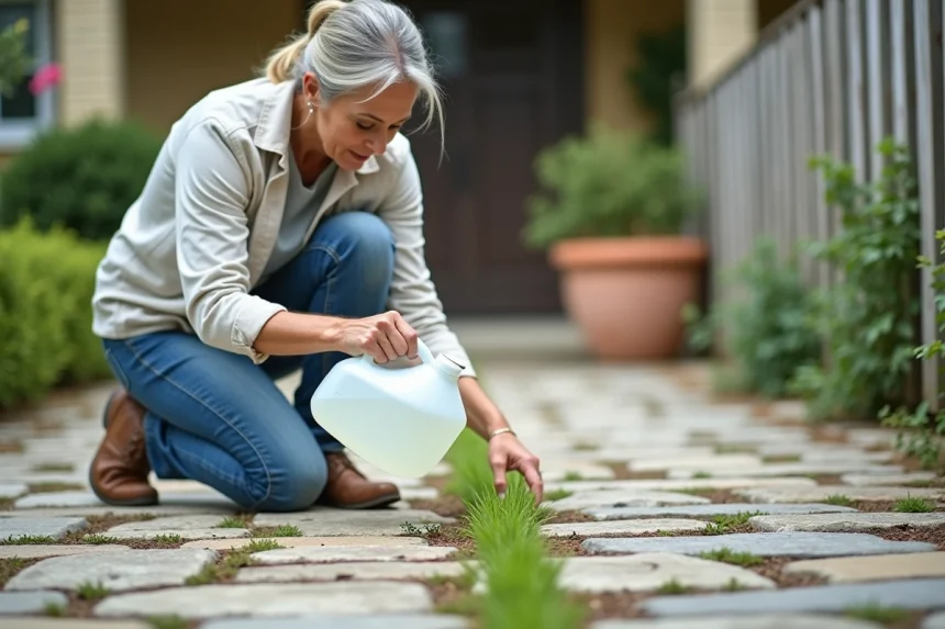 Femme versant du vinaigre blanc sur les mauvaises herbes entre les pavés autobloquants d'une allée résidentielle
