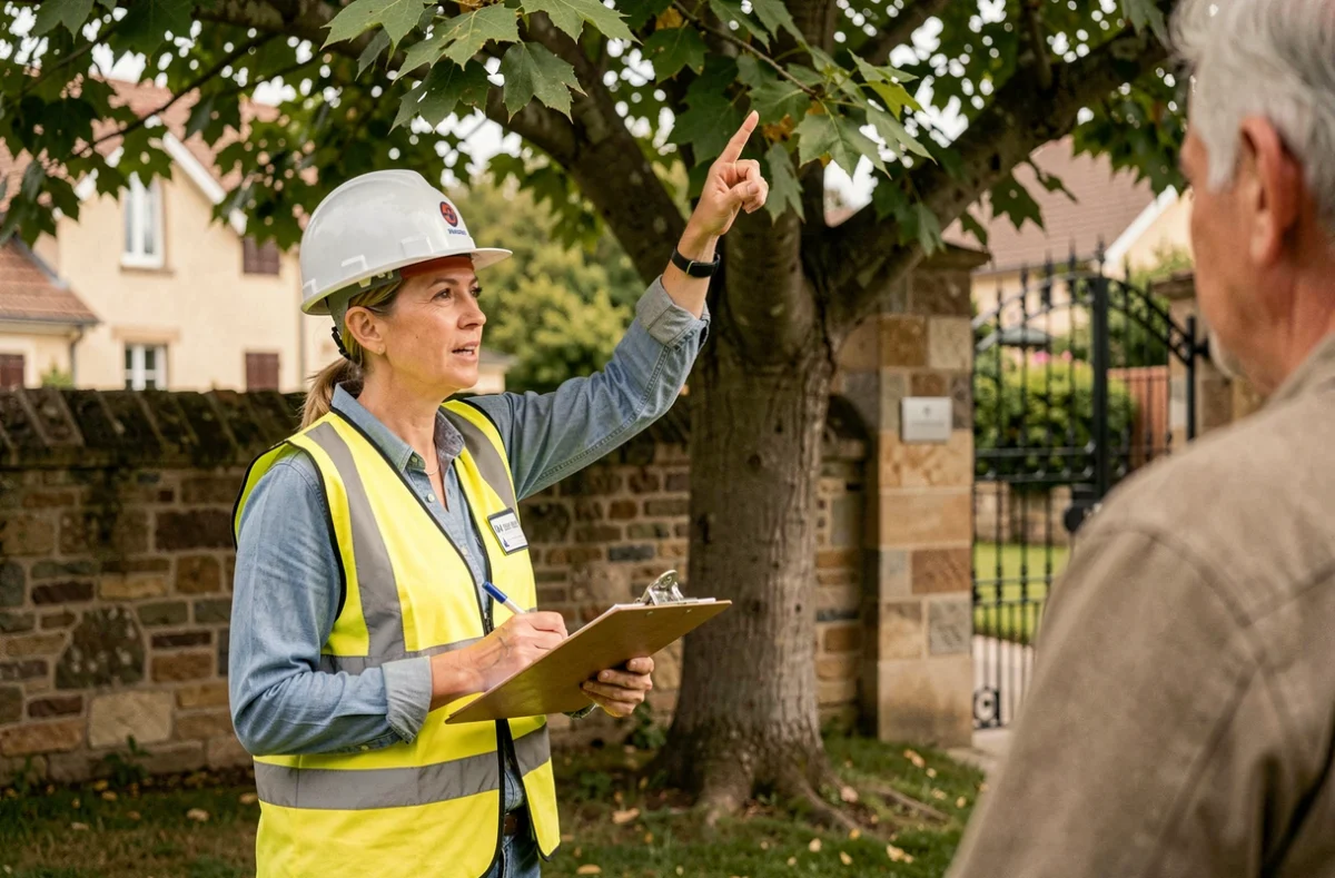 Professionnelle de l'élagage donnant un devis et des conseils à un propriétaire devant un arbre dans un jardin à Melun