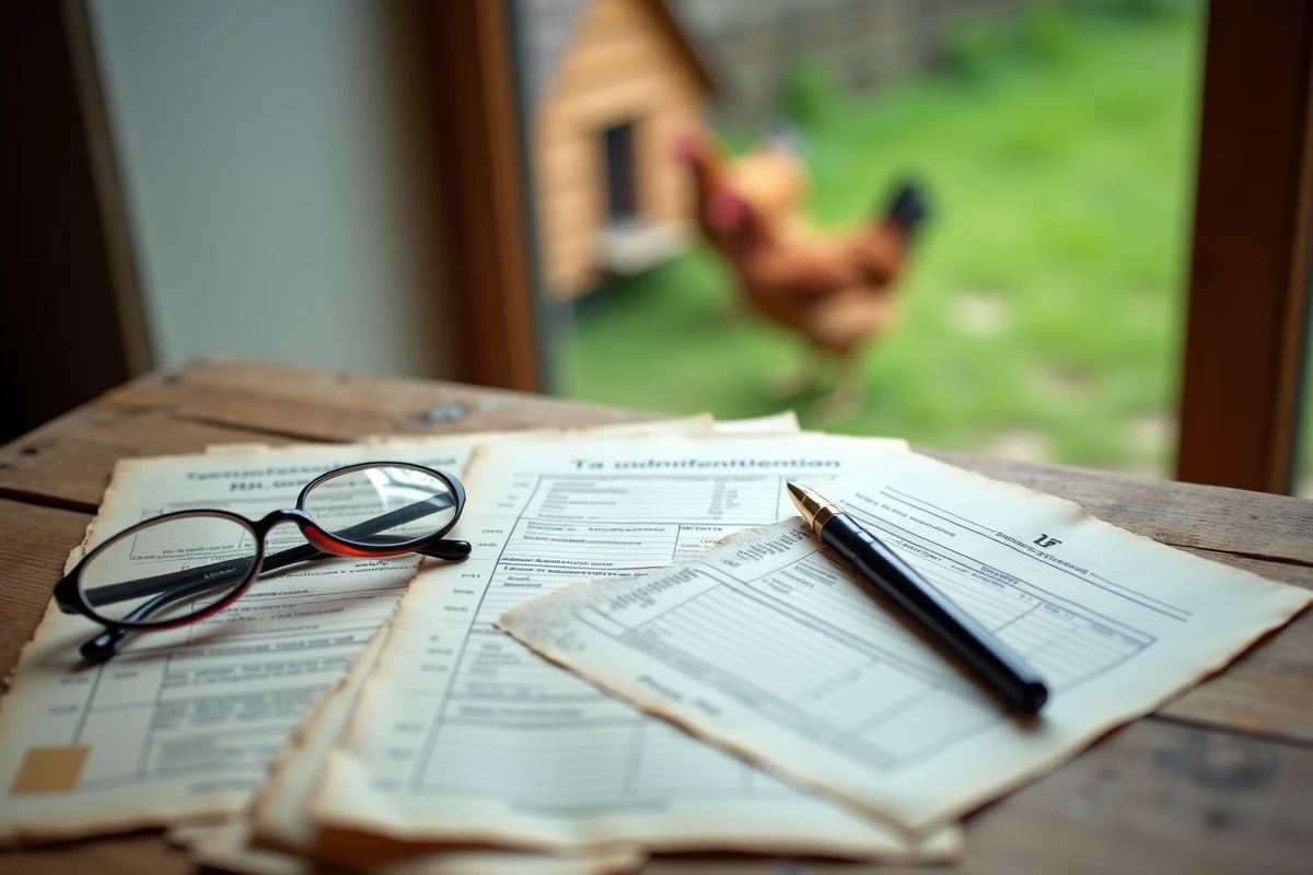 Documents fiscaux officiels sur une table de ferme avec un poulailler visible en arrière-plan flou