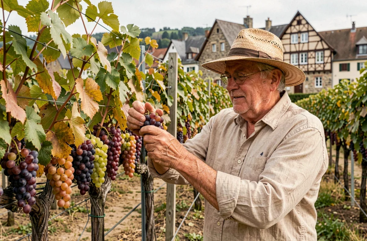 Agriculteur examinant des grappes de raisin de table dans les vignes à Dangolsheim en Alsace