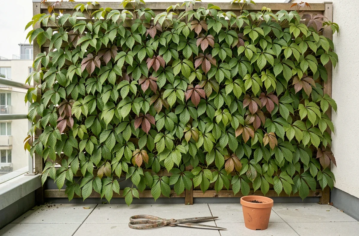 Écran végétal de vigne vierge dense sur treillage bois d'une terrasse d'appartement en ville