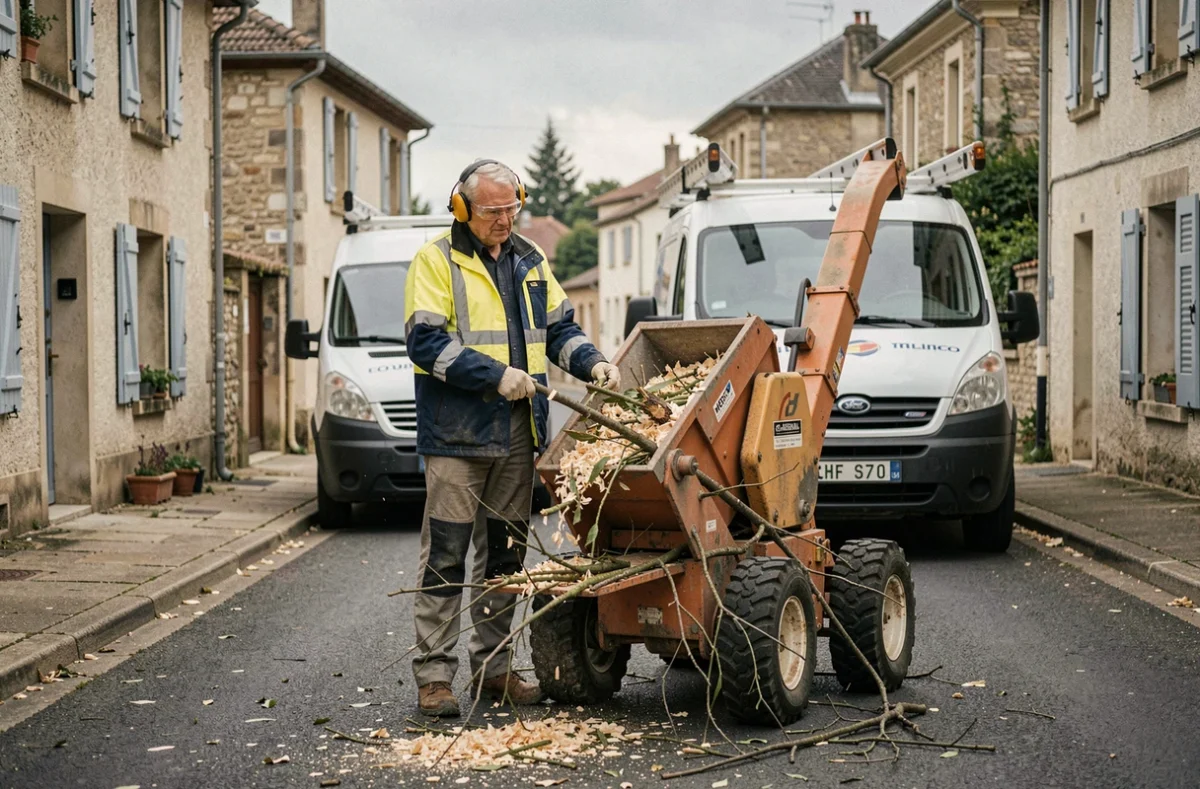 Professionnel de l'élagage alimentant un broyeur de branches dans une rue résidentielle d'un village près de Montfort