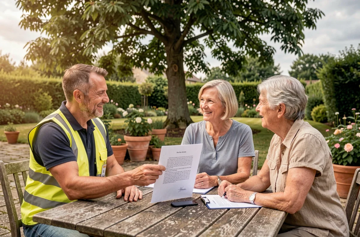 Élagueur présentant un devis à des propriétaires dans leur jardin avec un grand arbre en arrière-plan