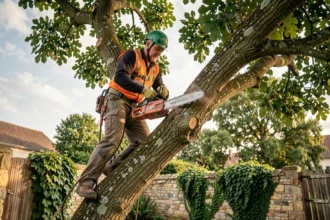 Élagueur professionnel perché dans un chêne avec tronçonneuse dans un jardin résidentiel à Angoulême