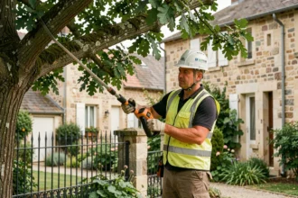 Élagueur professionnel équipé d'une scie sur perche taillant un grand chêne dans un jardin résidentiel à Montfort