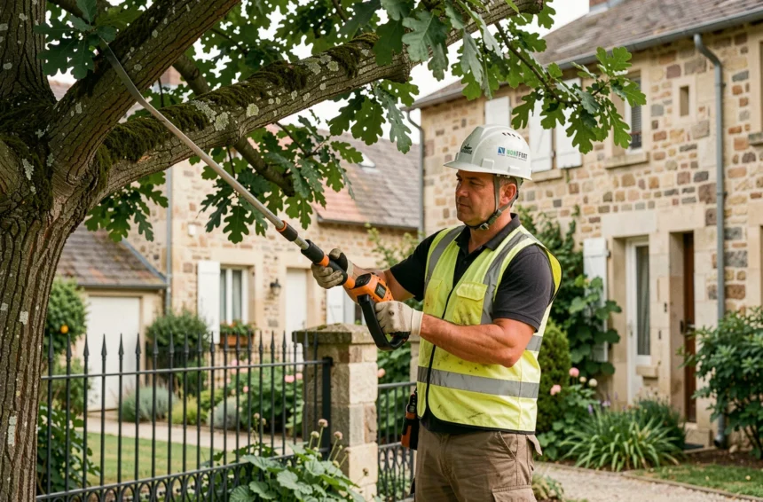 Élagueur professionnel équipé d'une scie sur perche taillant un grand chêne dans un jardin résidentiel à Montfort