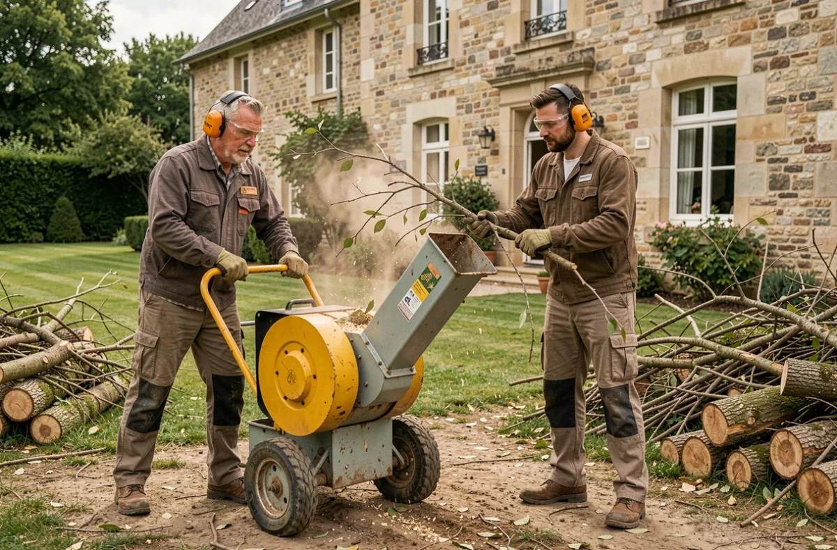 Deux élagueurs utilisant un broyeur de branches dans le jardin d'une maison en pierre charentaise