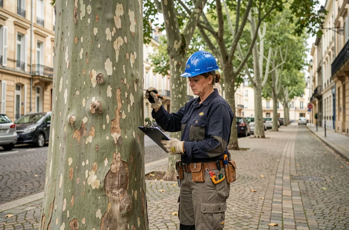 Élagueuse inspectant un platane en bord de route dans une rue d'Angoulême
