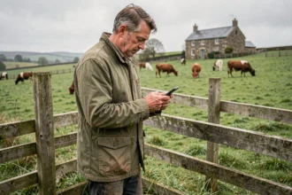 Éleveur en milieu rural consultant une plateforme agricole en ligne sur son smartphone près d'un pâturage avec des bovins en arrière-plan