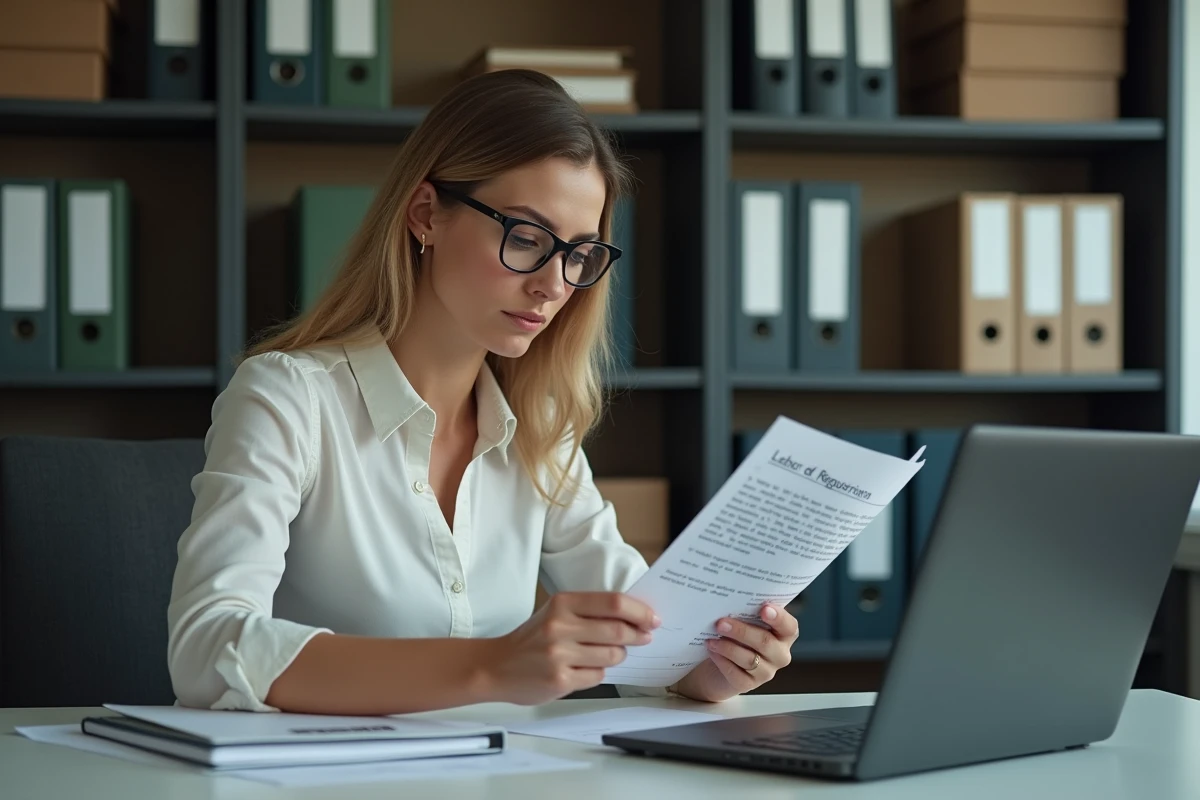 Employée municipale consultant des textes réglementaires sur la fiscalité des poulaillers dans un bureau administratif