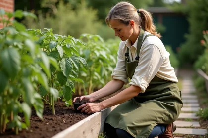 Jardinière appliquant un engrais naturel au pied d'un plant de tomate dans un potager surélevé