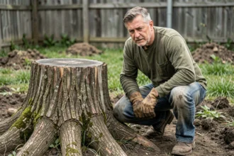 Homme en train d'examiner une grosse souche d'arbre dans un jardin résidentiel pour planifier son enlèvement