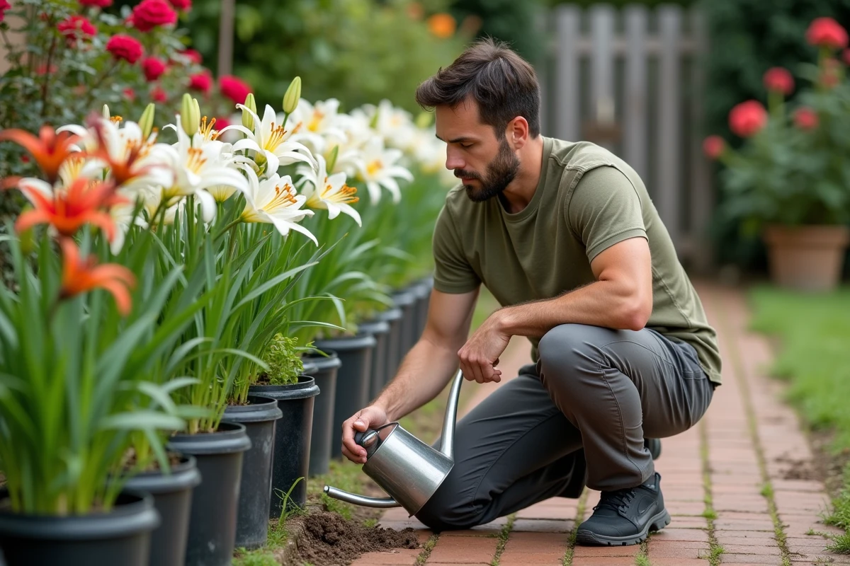 Homme inspectant et arrosant une rangée de lys en pots le long d'un chemin de jardin en briques