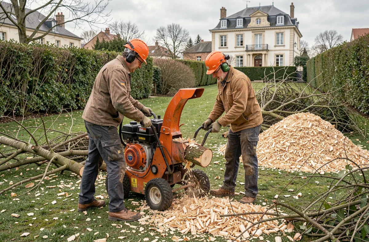 Deux élagueurs au sol utilisant un broyeur de branches après un chantier d'élagage dans une propriété à Melun