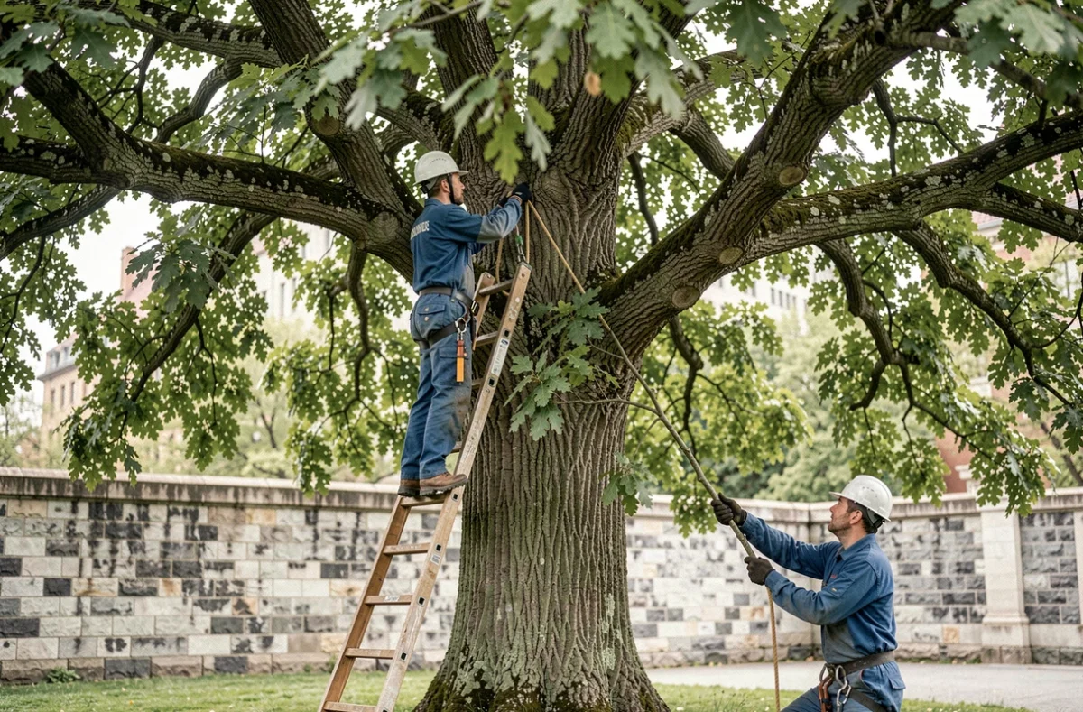 Deux élagueurs travaillant en équipe sur un grand chêne mature dans un parc urbain en utilisant une échelle et une corde