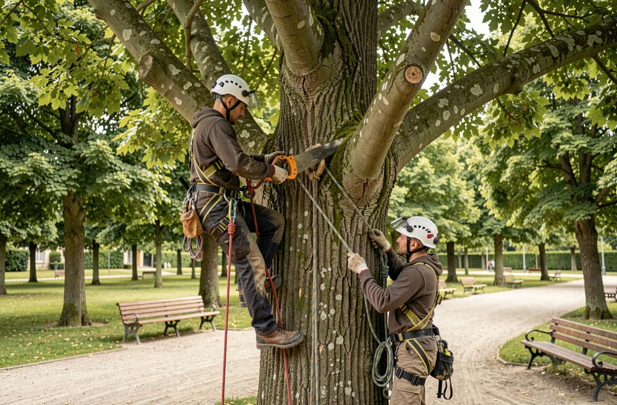 Deux élagueurs en équipement de sécurité complet travaillant en hauteur sur un platane dans un parc public