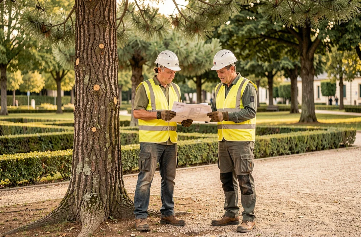 Équipe d'élagueurs de l'entreprise Renard élagage consultant un plan de travail au pied d'un pin taillé dans un parc public
