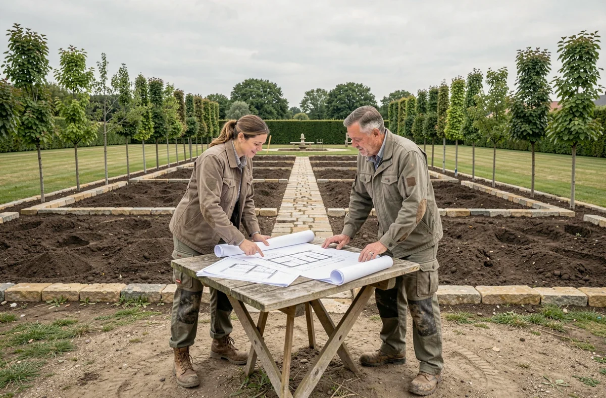 Équipe de paysagistes consultant des plans d'aménagement dans un grand jardin en Centre-Val de Loire
