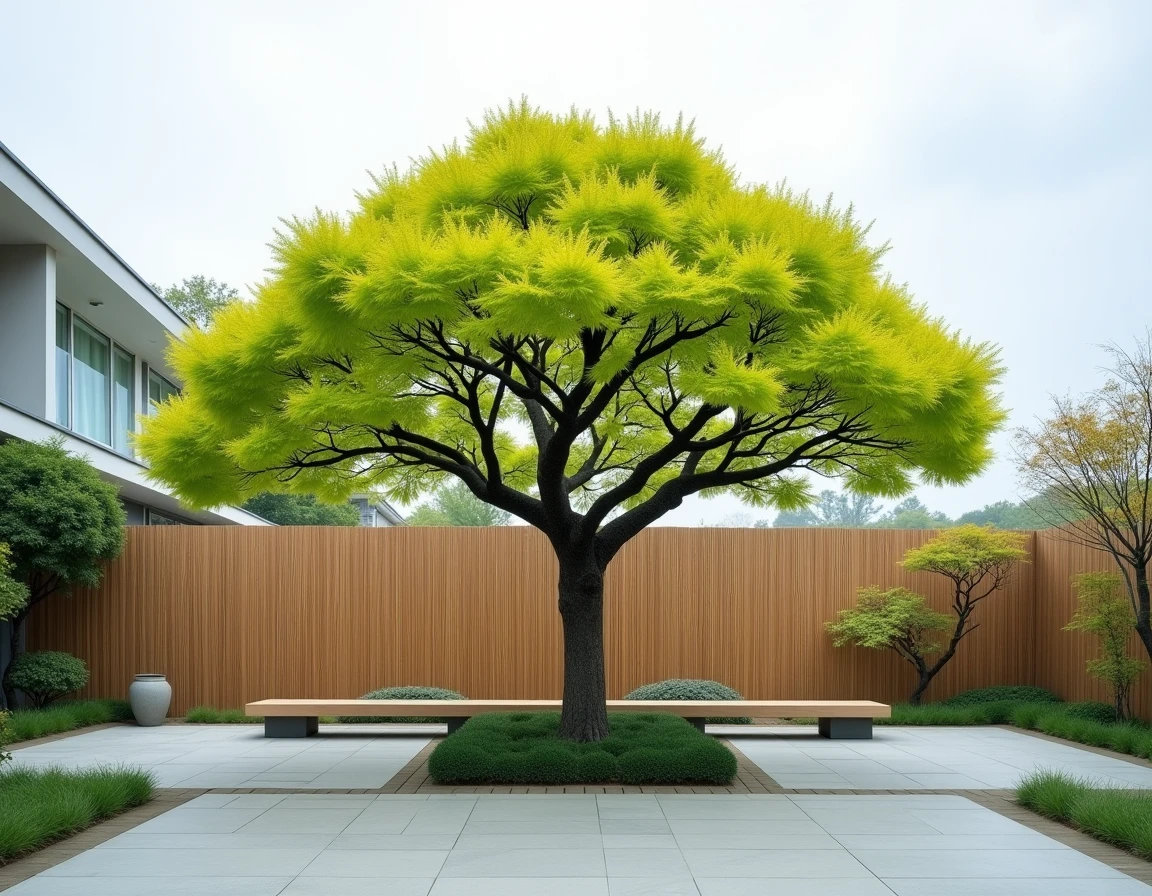 Érable du Japon bien taillé dans une cour de jardin urbain au printemps