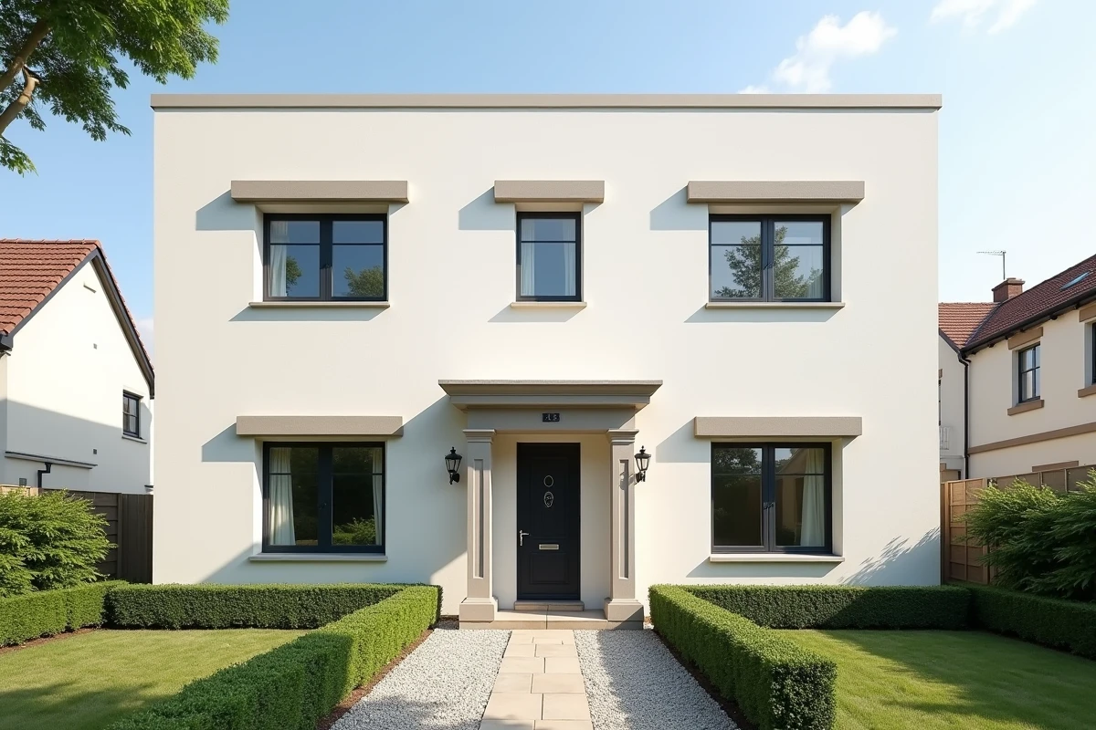 Façade de maison pavillonnaire après une peinture professionnelle au pistolet airless, résultat impeccable
