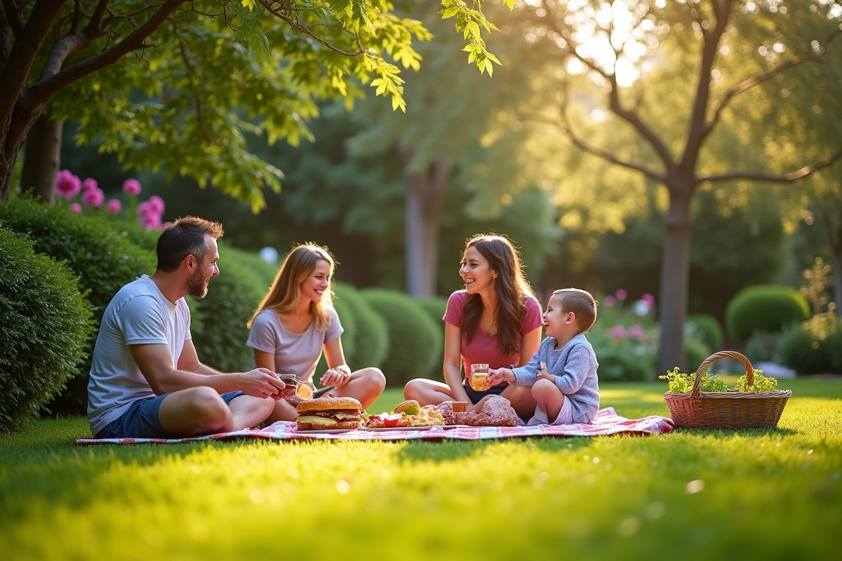 Famille profitant d un pique nique dans un jardin fleuri