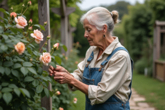 Femme âgée en jardin prunant un rosier ancien