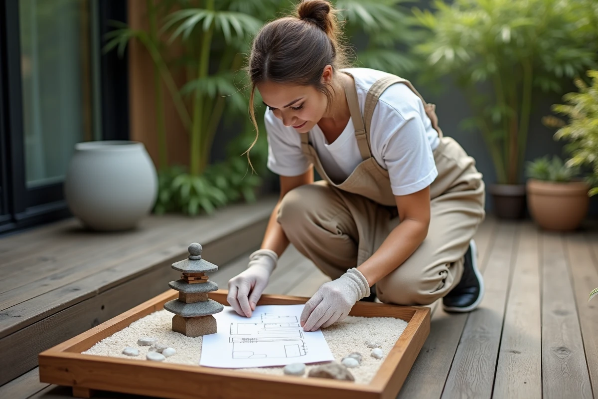 Femme consultant un plan de jardin zen tout en aménageant un bac à sable méditatif sur une terrasse en bois