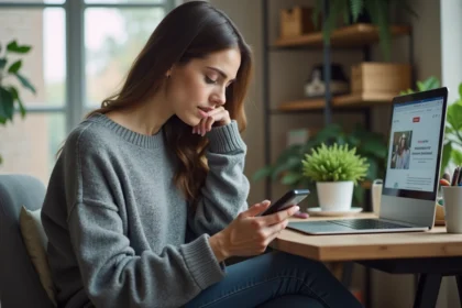 Jeune femme au bureau compare site web sur écran et téléphone