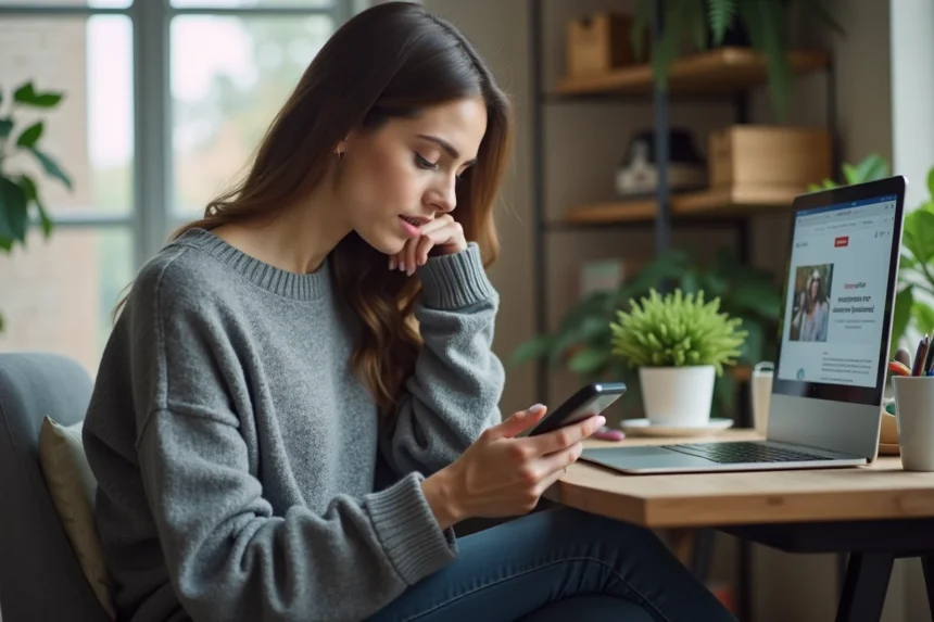 Jeune femme au bureau compare site web sur écran et téléphone