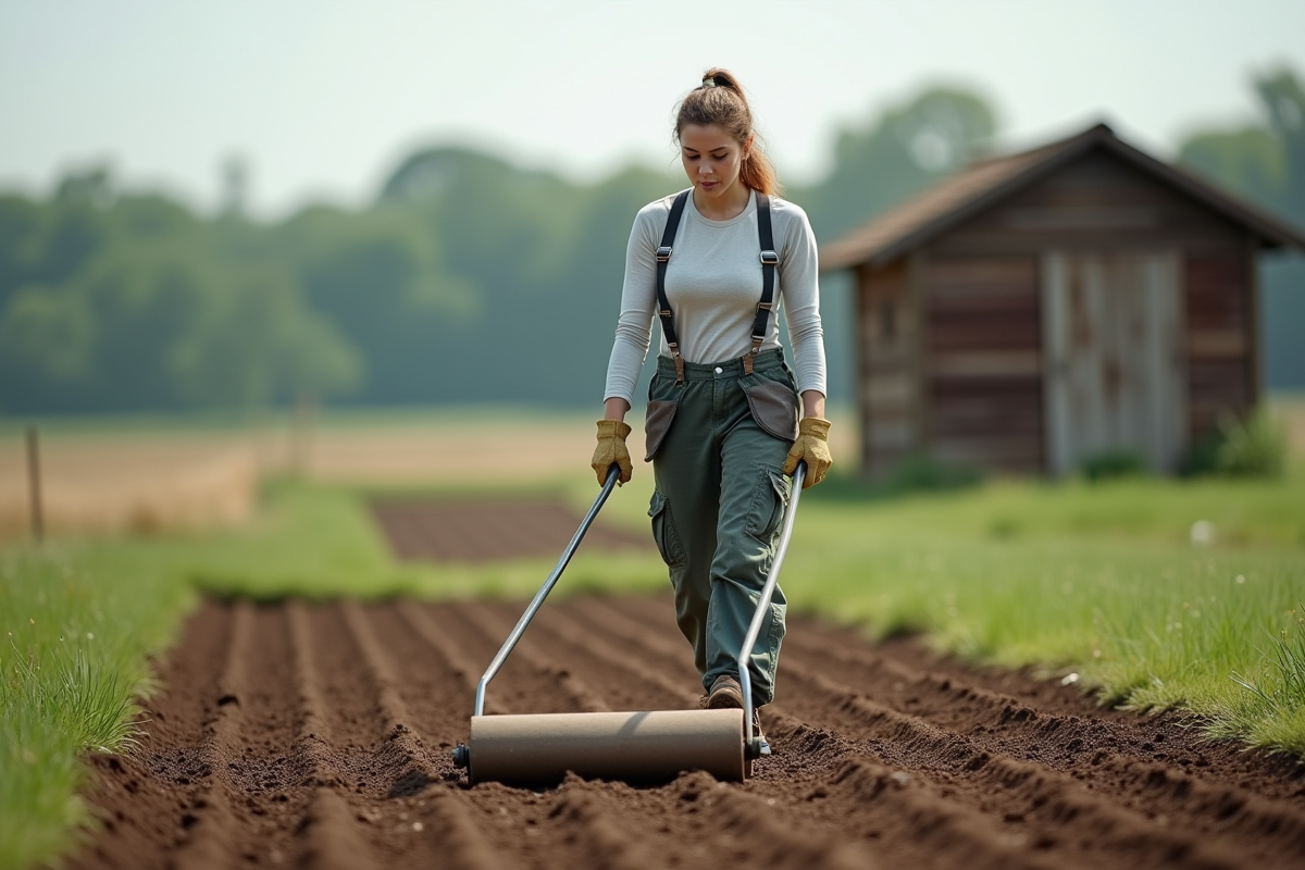 Jeune femme utilisant un rouleau pour aplanir le sol du jardin