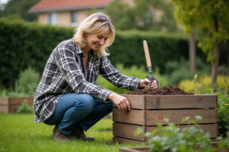 Femme au jardin mélangeant compost dans un bac en bois