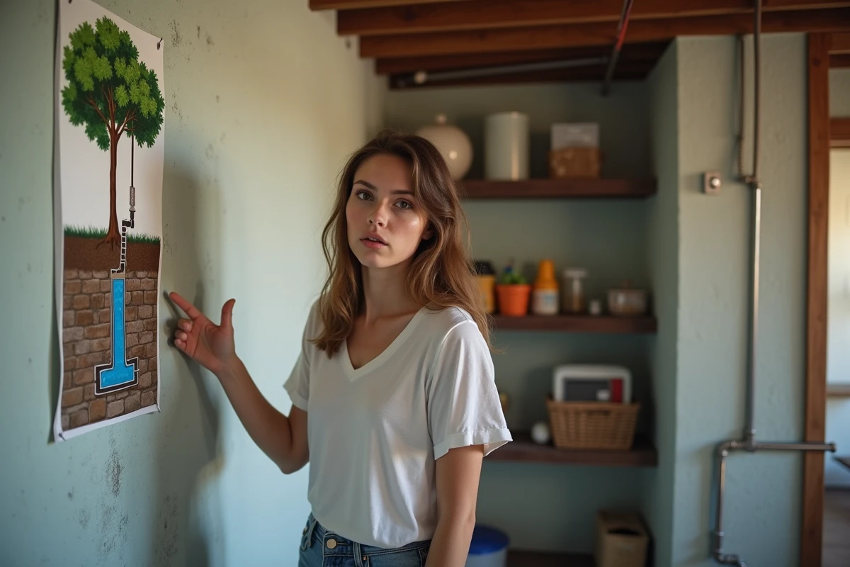 Jeune femme indique un schéma de plomberie dans une pièce technique