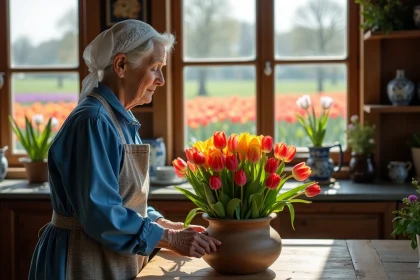 Femme âgée néerlandaise arrangeant des tulipes colorées