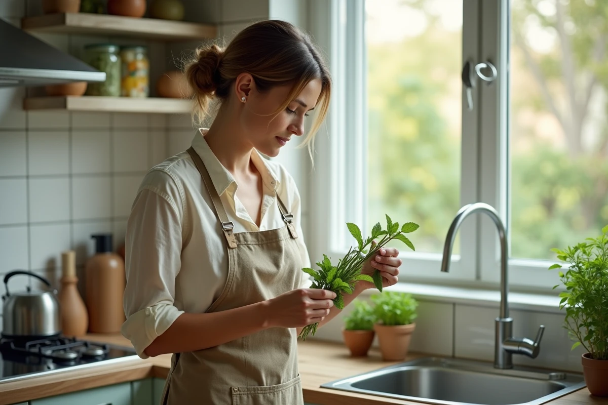 Femme retirant des feuilles de menthe noircies dans une cuisine lumineuse avec fenêtre sur jardin