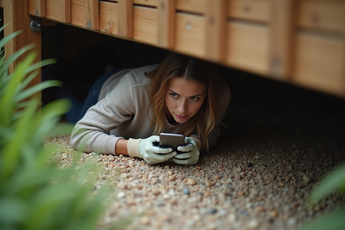 Femme inquiète regardant sous une terrasse en jardin