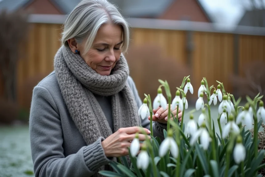 Femme contemplant des hellebores dans un jardin d'hiver