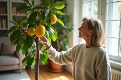 Femme inspectant un citronnier d'intérieur dans un salon lumineux