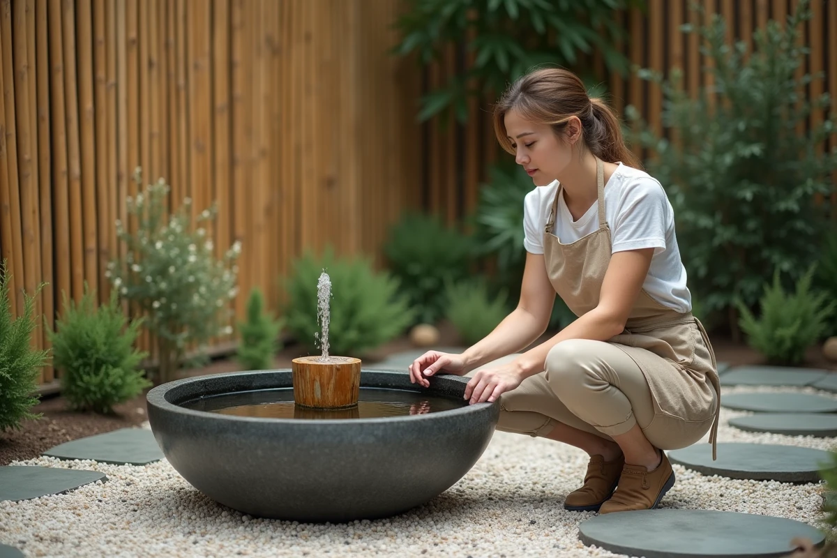 Femme installant une fontaine en bambou dans un jardin zen extérieur avec gravier et pierres de pas japonais