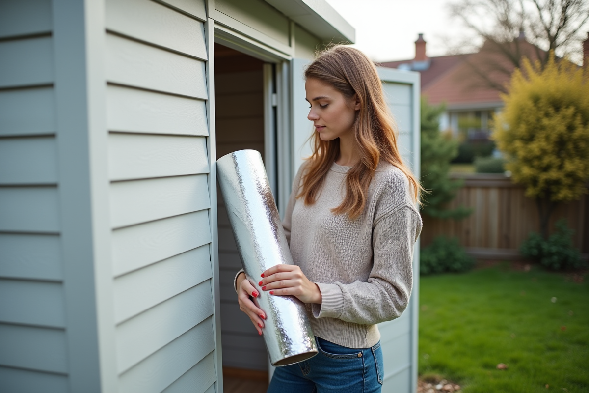 Jeune femme avec isolation reflective devant abri de jardin