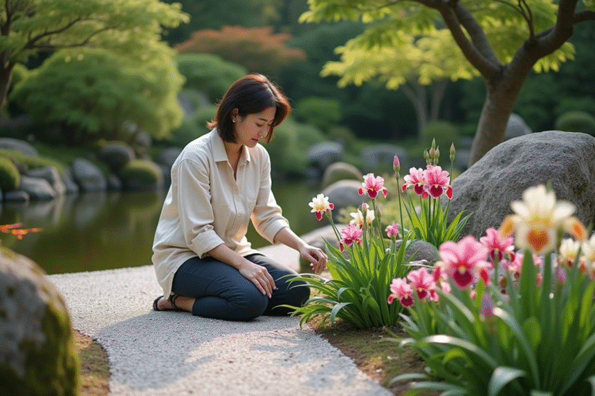 Femme d'âge moyen arrangeant des azalées dans un jardin japonais