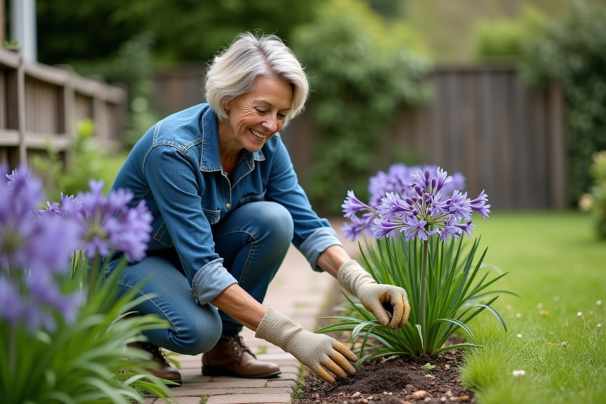 Femme en chemise en denim et gants de jardinage s'occupe des agapanthes