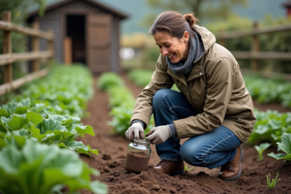 Femme en extérieur dans un jardin potager avec une pelle
