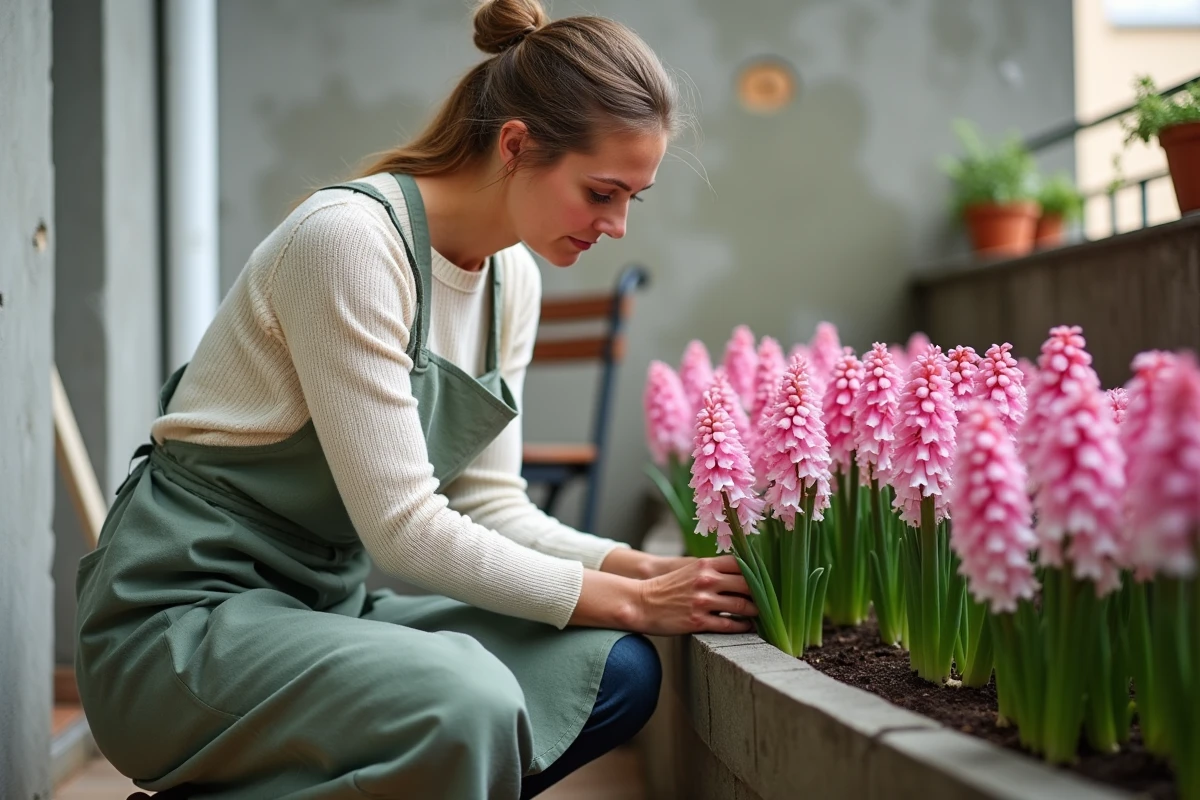 Femme arrangeant des jacinthes roses et blanches dans un bac sur un balcon urbain
