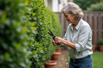 Femme en jardinage prenant une branche de laurier