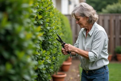 Femme en jardinage prenant une branche de laurier